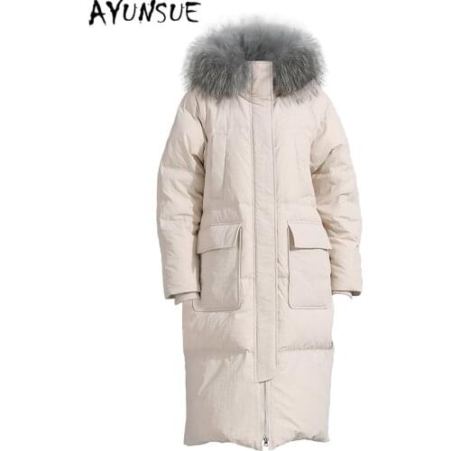 AYUNSUE Fashion High Quality Womens Down Jacket Raccoon Fur Collar Female Winter Coat White Duck Down Woman Parkas Casacozjt262