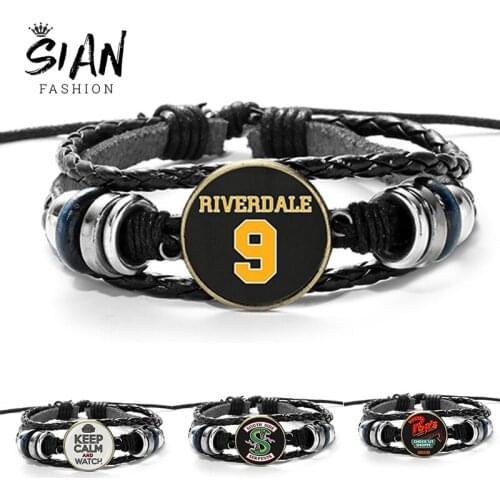 SIAN Trendy Riverdale Genuine Leather Bracelet Pops South Side Serpents Printed Glass Cabochon Wood Beads Charm Bracelet Bangle