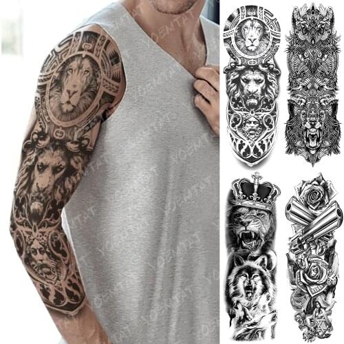 Large Arm Sleeve Tattoo Lion Crown Wolf King Waterproof Temporary Tatto Sticker Rose Clock Warrior Body Art Full Fake Tatoo