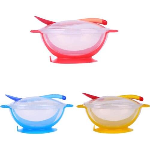 Baby Food Storage Drop Resistance Temperature Sensing Spoon Sucker Bowl baby Feeding dinner ware Solid Feeding Set