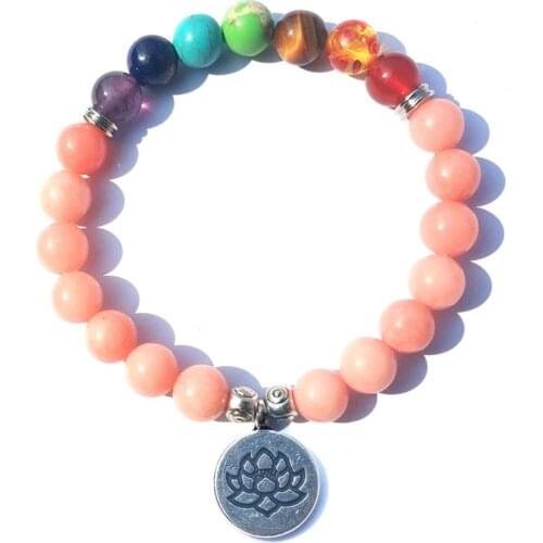 DIEZI Multi Color 7 Chakra Pink Sun Stone Bracelets Lotus Buddha Charm Strand Bracelet Natural 8mm Beads Bracelet For Women Men
