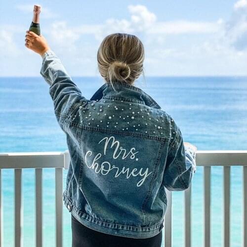 Custom wedding mrs Denim Jacket with Pearls, Bridesmaid Denim jackets, personalize just married engaged Wifey Jean Jackets