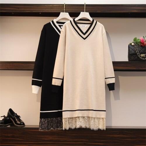 2021 New Patchwork Lace Sweater Dress Womens Long Sleeve V-Neck Straight Ladies High Street Autumn Knitting Dresses XL-4XL