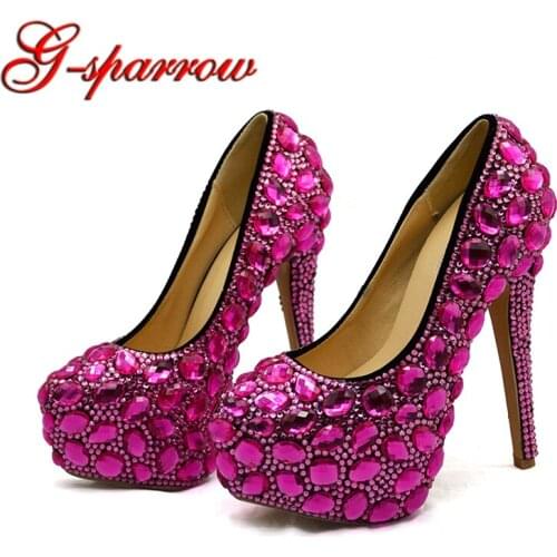 Fushsia Rhinestone Wedding Shoes Round Toe High Heels Thin Heel Platform Bridal Dress Shoes Lady Gorgeous Honeymoon Shoes