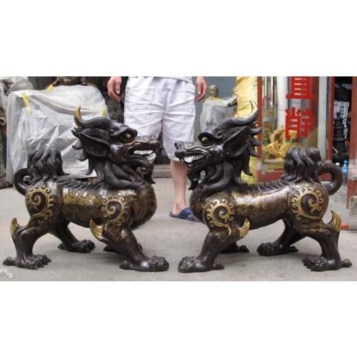China palace Royal Copper Bronze Feng Shui Dragon Beast Kylin Kilin unicorn Pair
