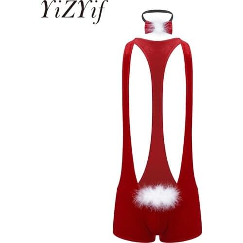 Sexy Mens Soft Velvet Christmas Wrestling Singlet Lingerie Bodysuit with Bowtie Racer Back Leotard Bodysuit Underwear Nightwear