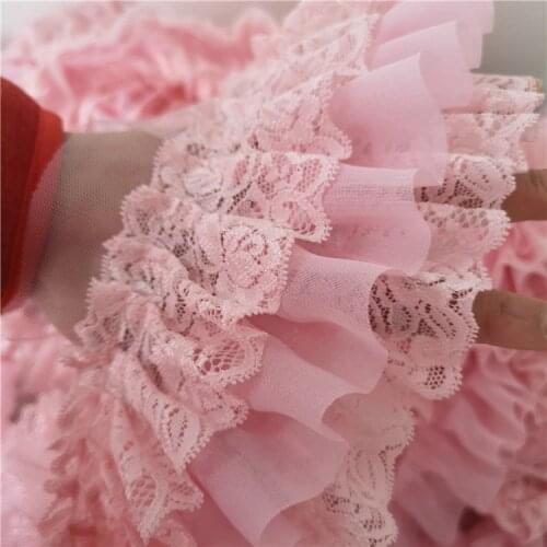 Free Ship 1meter/lot 10cm 3Layer Pink Lace Trim, Chiffon Pink Mesh Ruffle Lace for Braid Lace Applique X129