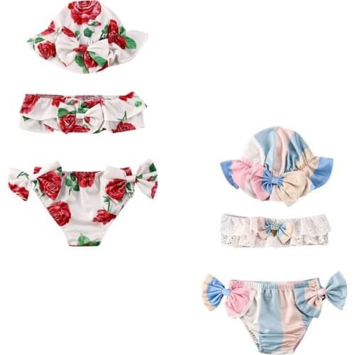 Girl Swimwear 2020 Summer Toddler Baby Girls Kids Swimsuit Swimwear Bathing Suit Tankini Bikini Sets+Hat 3pcs