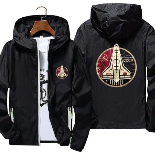 CCCP Space Shuttle Emblem Bomber Jacket Men Reflective Sunscreen Skin Windbreaker Thin Hooded Coat Outwear Oversized Clothing