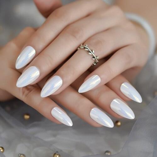 Metallic Mirror Holographic White Shell French Almond Stilettos Nail Metal Oval Stiletto Fake Finger Nails Free Adhesive Tabs