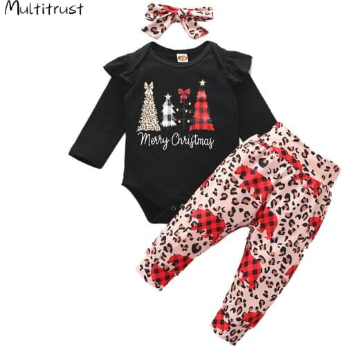 Newborn Baby Girl Christmas 3Pcs Clothes Set Long Sleeve Romper Bodysuit Leopard Pants Headband Winter Outfit