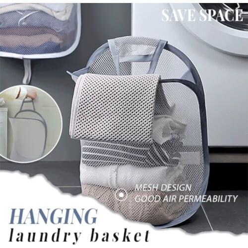 Hanging Laundry Hamper Folding Wall-Mounted Bathroom Cloth Mesh Bag Visible Large Open Top Easy Accessing for Room A1