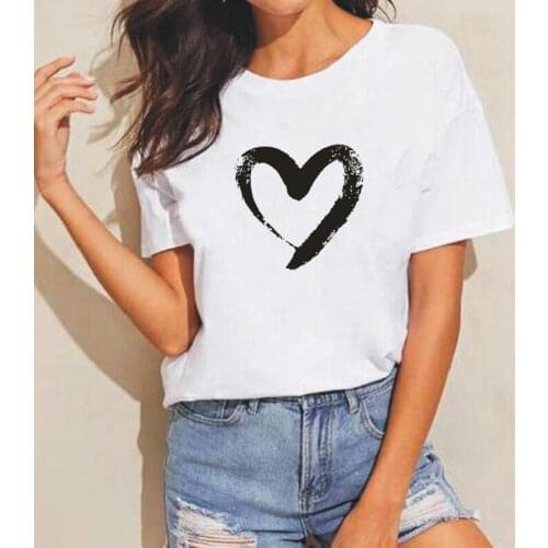 Casual Harajuku Cotton Womens T-shirt Heart Print Black White Tops Summer Street Plus Size 0-Neck T Shirts Camiseta Mujer