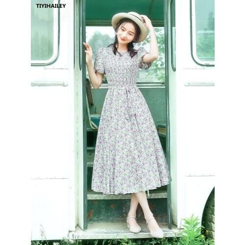 TIYIHAILEY Free Shipping Boshow Summer High Waist Print Long Mid-Calf Short Puff Sleeve S-L Flower Chiffon O-Neck Dress Purple