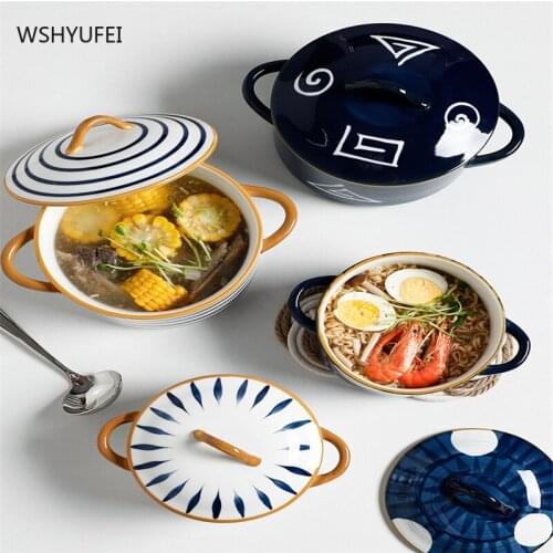 Japanese-style household large size instant noodle soup bowl with lid, exquisite salad fruit ceramic binaural microwave bowl