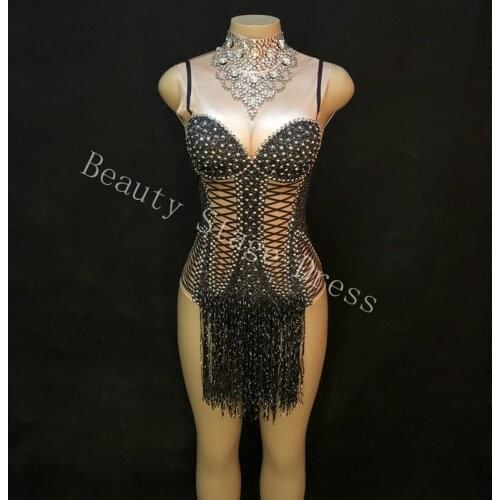 Women Shining Black Tassel Rhinestones Glisten Stones Bodysuit Nigthclub Singer Outfit One-piece Dance Costume Stage Show DJ DS