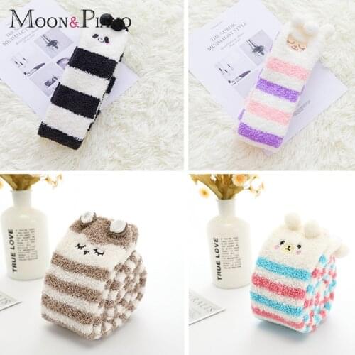 Women Cartoon Coral Velvet Knee Stockings Striped Sleeping Warm Winter Comfortable Long Stockings Christmas Gift For Friends
