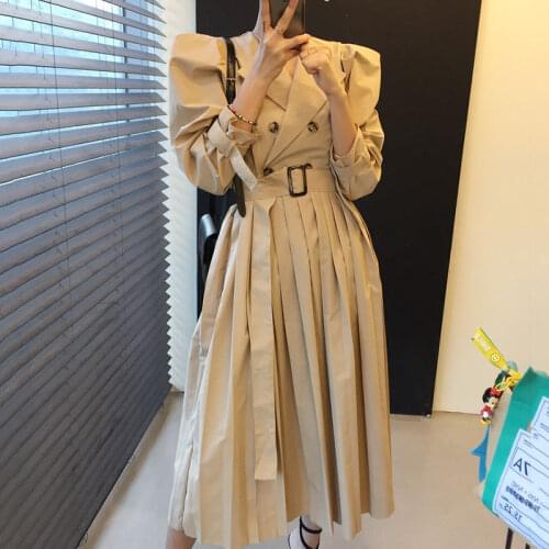 Womans Trench Coats Double Breasted Classic Long Coat with belt Chic Female Windbreaker Pleated Splice Coat Trench Dresses