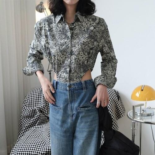 Summer womens casual printing lapel long sleeves loose jumpsuits