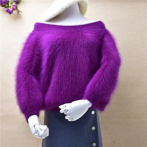 Ladies women winter thick warm short style slash neck mink cashmere seven puff sleeves pullover angora rabbit fur winter jumper