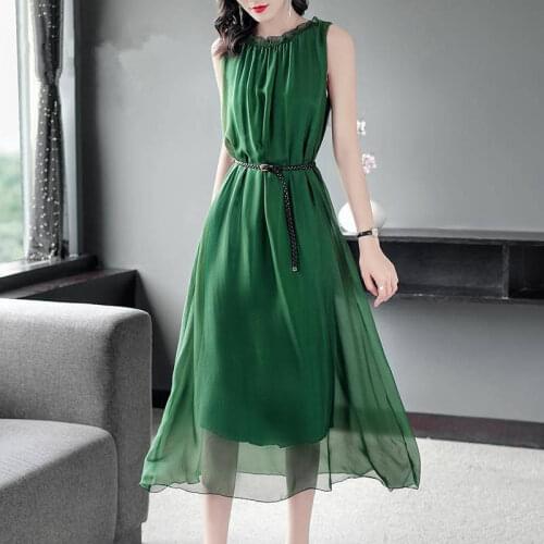 Chiffon Sleeveless High Waist Belt Slim A-Line Solid Color Simple Leather Pink Green Purple Blue Holiday Coctail Dress 9435