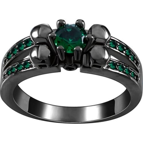 Green Royal Blue Crystal Black Gun Rings for Women Vintage Skull Flower Design Paved Czech Zircon Wedding Band Engagement Ring