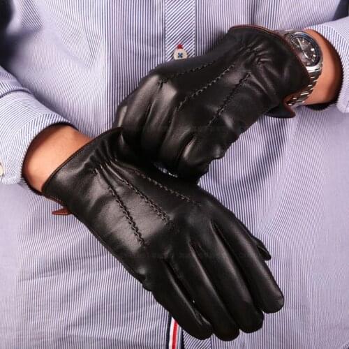 Winter Genuine Leather Gloves Men Finger Touch Screen Gloves Smartphone Male Black Warm Driving Goatskin Mittens AGD006