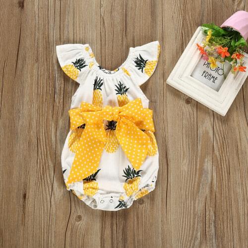 2020 Baby Summer Clothing Pretty Infant Baby Girls Pineapple Bodysuit Ruffles Short Sleeve Bowknot Sash Jumpsuit Clothes Outfit
