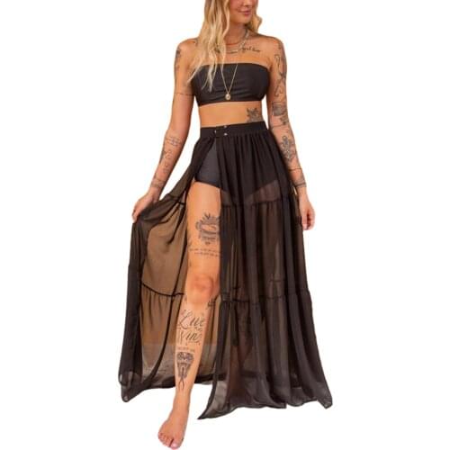 2021 Women Female Dress Solid Color High Waist Long Skirt See-Through Beach Dress for Summer Dress Black/White Plus Size S-XXL