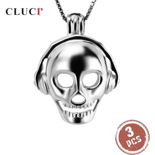 CLUCI 3pcs 925 Sterling Silver Skeleton Face Shaped Charms Pendant Silver 925 Music Skeleton Pearl Locket Women Jewelry SC216SB