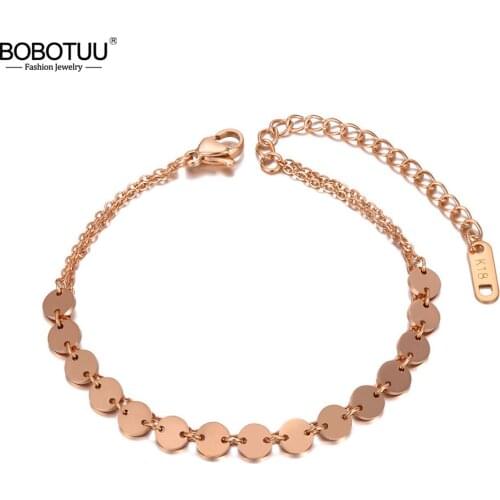 BOBOTUU Titanium Stainless Steel Small Disc Charm Bracelets For Women Trendy Double Layer Bohemia Beach Party Jewelry BB20146