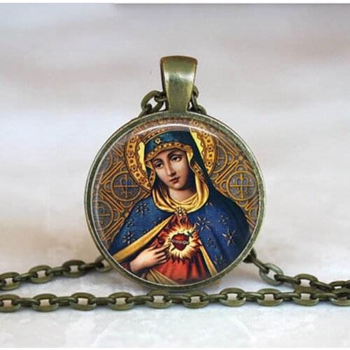 Virgin Mary and Baby Jesus Christian Catholicism Jewelry Bronze Necklace Blessed Mother Religious Art Glass Dome Pendant Gift