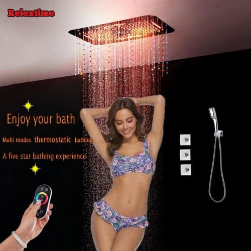 Crystal Pendant LED Ceiling Shower Head Waterfall Cold Hot Water Mixer Bathroom Concealed Shower Set Thermostatic Faucet Valve