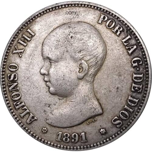 Spanish 1891 PG M Spain 2 Pesetas - Alfonso XIII 1st Portrait Cupronickel Plated Silver Metal Souvenir Gift Collectible Coins