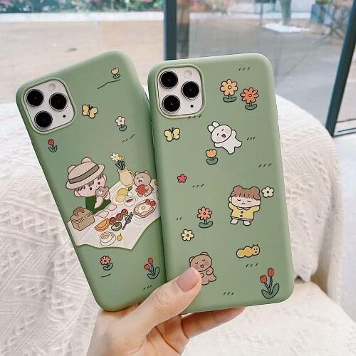 JAMULAR Cute Boy Girl Flower Couple Case For iPhone XR 11 Pro XS MAX X 7 SE 2020 8 6s Plus Mint Green Soft Silicone Phone Cover