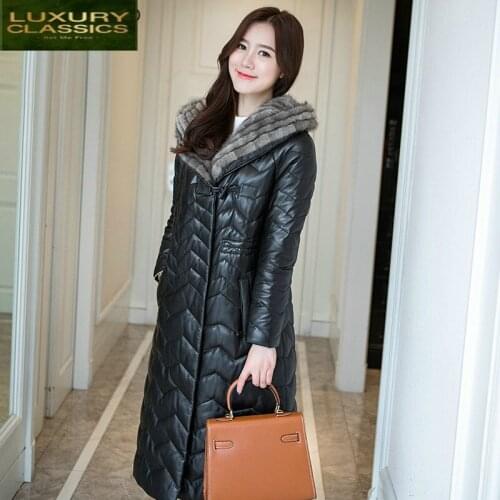 Leather Down Jacket Genuine Women Real Sheepskin Coat Female Mink Fur Hooded Warm Long Jackets Elegant Outwear LWL1097