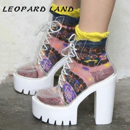 LEOPARD LAND 2021 Womens Square Heels Boots High Transparent Female Thick Platform Waterproof Nightclub Catwalk Boots JXQ-5617