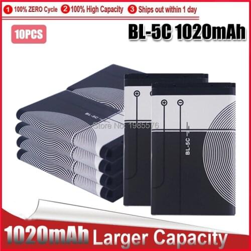 10pcs 3.7V 1020mAh BL-5C Li-ion Battery For Nokia 1000 1010 1108 1110 1112 1116 E50 E60 N70 6680 2020 BL5C BL 5C Batteries