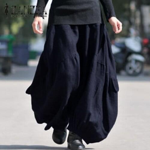 ZANZEA 2021 Fashion Women Autumn Harem Pants Cotton Linen Cross-pants High Elastic Waist Pantaloon Baggy Long Trousers Oversized