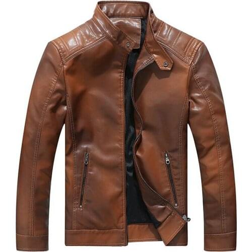 Leather Jacket Men Fashion Stand Collar Fleece Coats chaqueta cuero hombre Mens Casual Faux Leather Motorcycle Biker Jackets