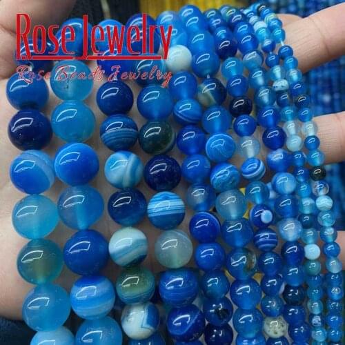 Natural Blue Striped Agates Beads Onyx Round Loose Beads 15"strand 4 6 8 10 12 14 MM For Jewelry Making DIY Bracelet Accessories