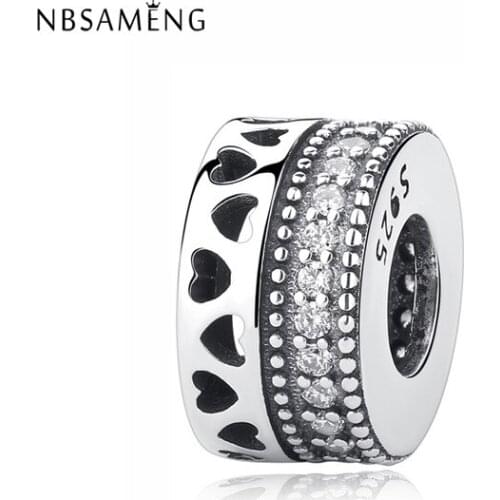 NBSAMENG 100% 925 Sterling Silver Beads Charm Hearts Spacer Love Pave CZ Charms Fit Original Bracelets Women Diy Jewelry
