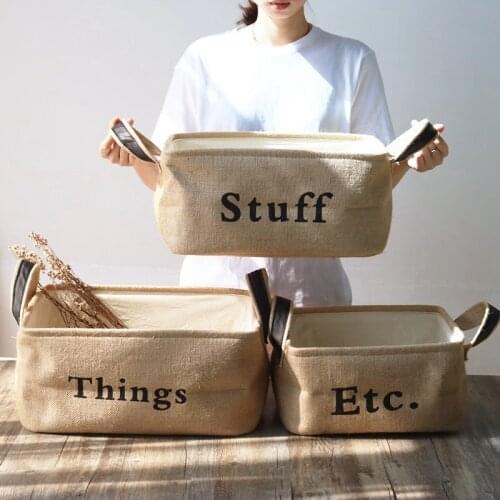 Jute Fabric Storage Basket Clothes Folding Storage Box for Book Sundries Clothes Snacks Basket Closet Organizer with Handle