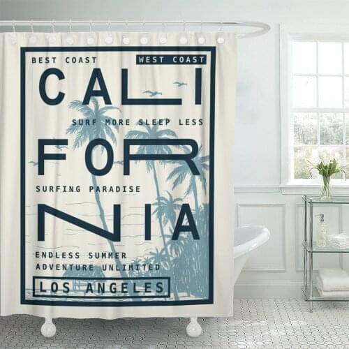 Graphic Los Angeles California Surf Beach Shower Curtain Waterproof Polyester Fabric 72 x 72 inches Set with Hooks