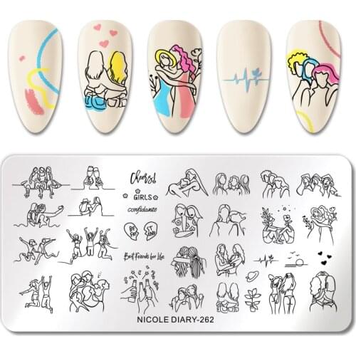 NICOLE DIARY Young Girls Nail Stamping Plates Simple People Image Stamp Template Flower Leaves Striped Nail Art Stencils Tools
