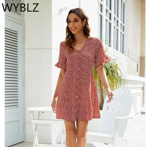 WYBLZ Fashion Women Short Sleeve Wrap Boho Floral Mini Dress Ladies Summer Holiday Party Sundress Female Vestidos Robe