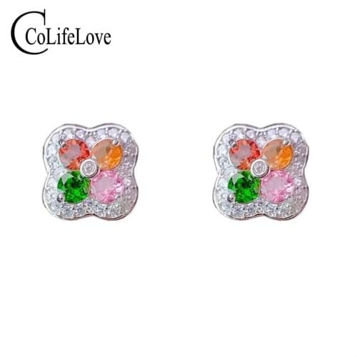 CoLife Jewelry Small Silver Stud Earrings for Party Natural Tourmaline Earrings 925 Silver Tourmaline Jewelry Gift for Girl