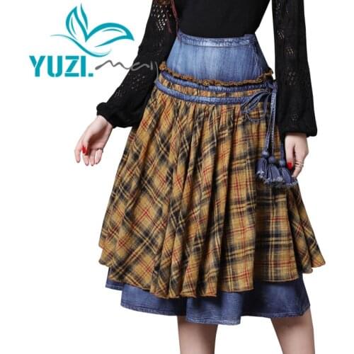 Skirts Womens 2018 Yuzi.may Boho New Denim Linen Skirt Swing Hem Plaid Covered Button Delicate Tassels Saias Femininas X2222