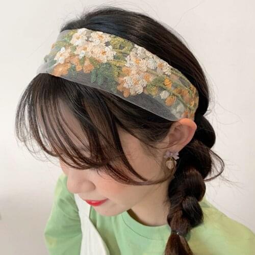 Giyu Fashion Korea Women Elegant Embroidery Flower Chiffon Headband Bandans Hair Ornament Hair Band Turban Hair Accessories
