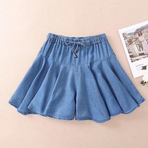 Women Summer Mini Denim Shorts Skirts Casual Loose Drawstring Ruffles Wide Leg Shorts Plus Size Female Shorts M-7XL Blue Black